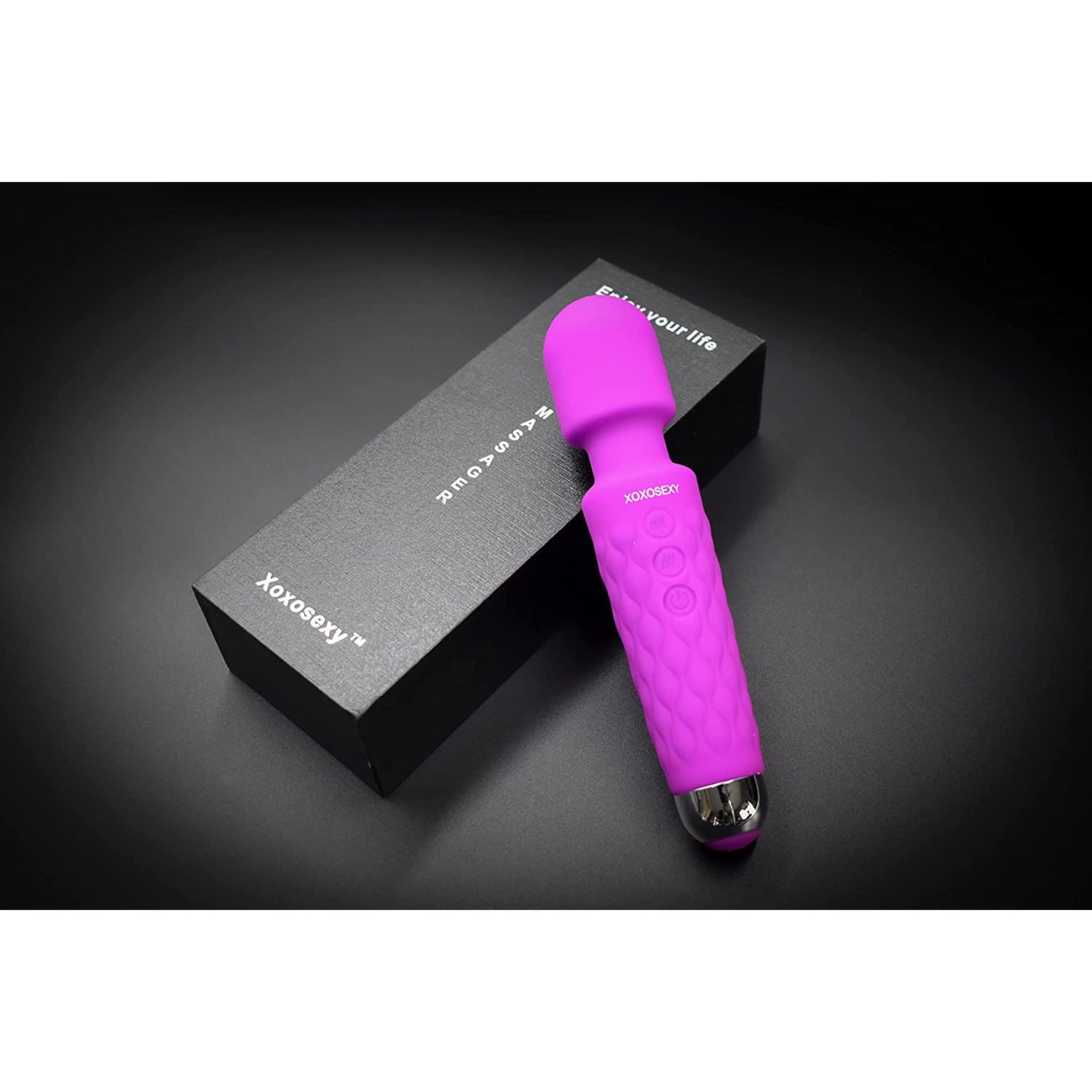 Purple Wand Massager on box with black back ground