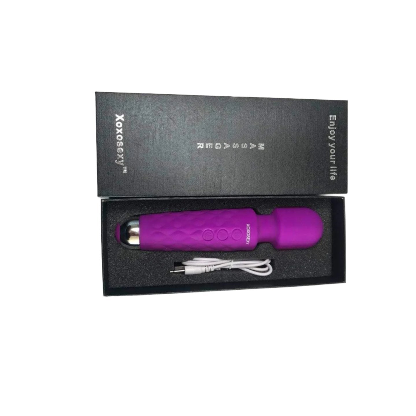 Picture of Open Purple Wand Massager in the Box on white back ground with charger in box