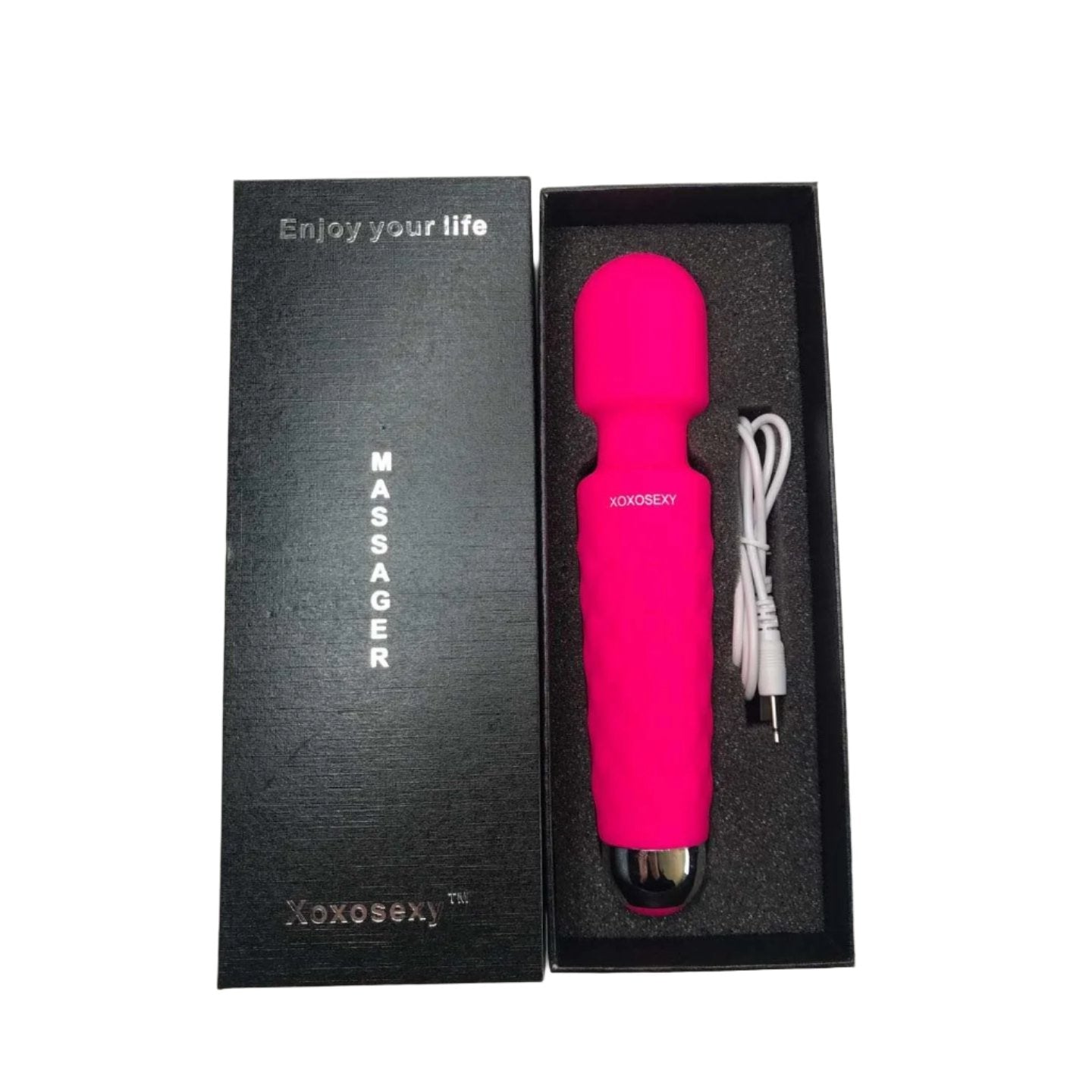 Pink Wand Massager Vibrator in Box with cover off showing what it looks like in the box